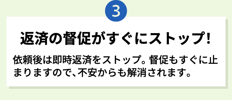 3
返済の督促がすぐにストップ!
依頼後は即時返済をストップ。 督促もすぐに止
まりますので、不安からも解消されます。