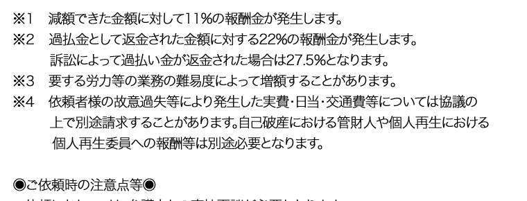 ※1 減額できた金額に対して11%の報酬金が発生します。
※2 過払金として返金された金額に対する22%の報酬金が発生します。
訴訟によって過払い金が返金された場合は27.5%となります。
※3 要する労力等の業務の難易度によって増額することがあります。
※4 依頼者様の故意過失等により発生した実費・日当・交通費等については協議の
上で別途請求することがあります。自己破産における管財人や個人再生における
個人再生委員への報酬等は別途必要となります。
ご依頼時の注意点等