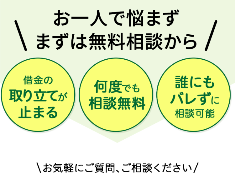 お一人で悩まず
まずは無料相談から /
借金の
何度でも
誰にも
取り立てが
相談無料
バレずに
止まる
相談可能
\お気軽にご質問、ご相談ください/